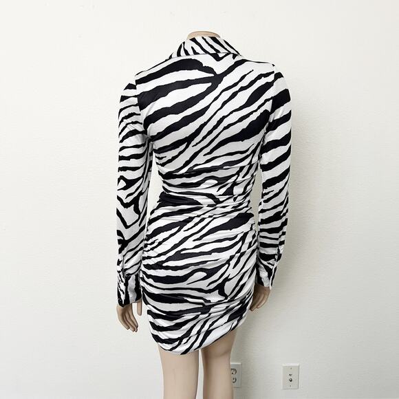 [Tiger Mist] Ryanna Zebra Print Collared Ruched Long Sleeve Mini Dress Sz Small - Picture 4 of 14